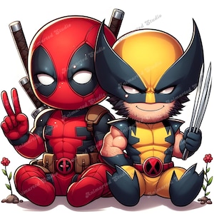 Puede incluir: Una ilustración de dibujos animados de Deadpool y Wolverine sentados juntos. Deadpool lleva su traje rojo y negro característico y está haciendo un signo de paz. Wolverine lleva su traje amarillo y azul y tiene sus garras afuera. El fondo es blanco.