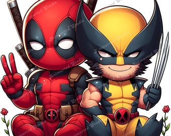Schattige Chibi Deadpool en veelvraatkunst | Leuke duoposter superheld | Schattig, op Marvel geïnspireerd digitaal kunstwerk – Perfect cadeau en muurdecoratie