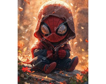 Chibi Spiderman Fall PNG, Cute Superhero Clipart, Autumn Leaves Background, Hoodie Spiderman Art, Digital Download for Sublimation Crafts