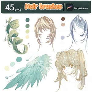 May include: 45 different hair brush styles for Procreate. The image shows five examples of hair styles, including a green wing, a blue hairstyle, a blonde hairstyle, a blonde hairstyle with pigtails, and a green hairstyle with curls.