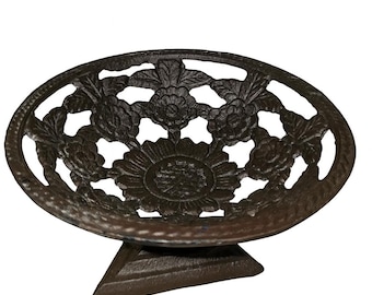 Vintage Cast Iron Floral Pedestal Bowl- Ornate Openwork Centerpiece Dish