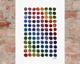 May include: A watercolor painting of a rainbow gradient of circles on a white background.