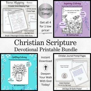 May include: A Christian Scripture Devotional Printable Bundle with four digital products. Includes verse mapping pages, journal prompts, and uplifting coloring pages. Features the text "Limited Time! Get all 4 for 1 low price!"