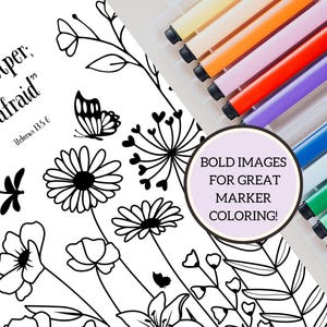 Puede incluir: Dibujo lineal floral en blanco y negro con mariposas y el texto "s my helper; not be afraid". Un juego de rotuladores de colores es visible en la esquina superior derecha. La imagen tambi&eacute;n incluye el texto "BOLD IMAGES FOR GREAT MARKER COLORING!"