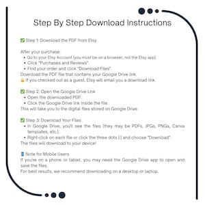 Puede incluir: Una gu&iacute;a de descarga digital titulada "Step By Step Download Instructions". La gu&iacute;a describe los pasos para descargar un PDF de Etsy, abrir un enlace de Google Drive y descargar archivos. El texto es blanco sobre un fondo azul oscuro.