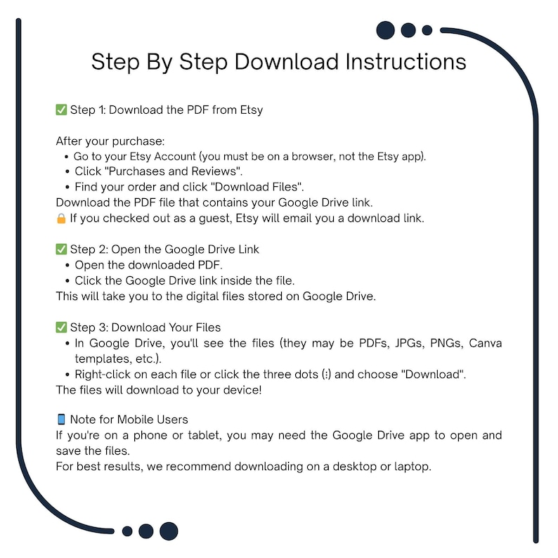 Puede incluir: Una gu&iacute;a de descarga digital titulada "Step By Step Download Instructions". La gu&iacute;a describe los pasos para descargar un PDF de Etsy, abrir un enlace de Google Drive y descargar archivos. El texto es blanco sobre un fondo azul oscuro.