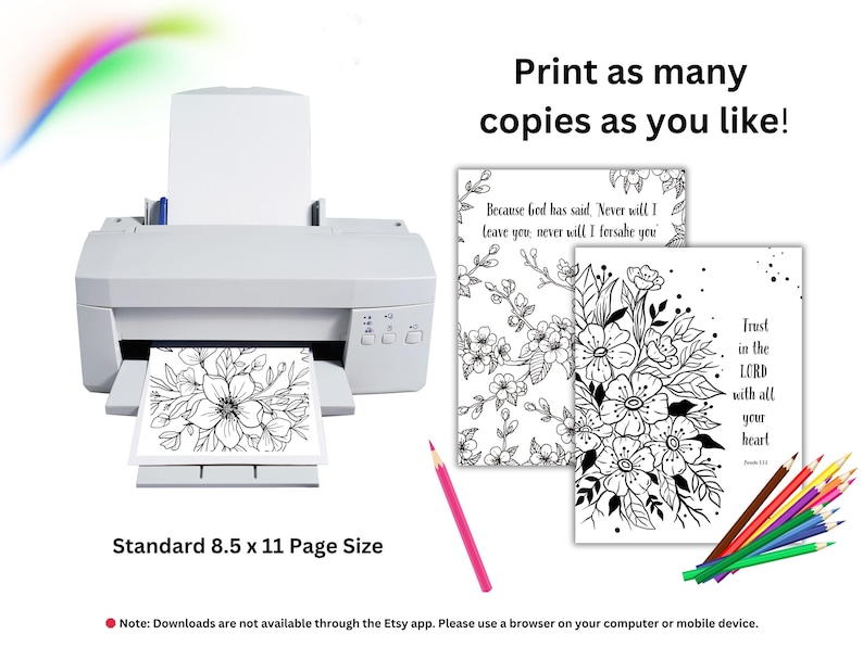 Puede incluir: Una impresora blanca imprime un dise&ntilde;o floral en blanco y negro en papel de 21,6 x 27,9 cm. La imagen incluye dos dise&ntilde;os florales adicionales con citas inspiradoras, un l&aacute;piz rosa y un juego de l&aacute;pices de colores.