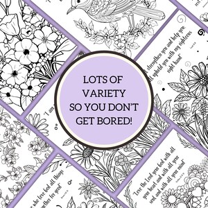 Puede incluir: Una colecci&oacute;n de p&aacute;ginas para colorear en blanco y negro con ilustraciones florales y de aves, junto con citas inspiradoras. La imagen central tiene el texto "LOTS OF VARIETY SO YOU DON'T GET BORED!"