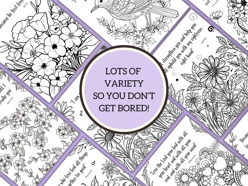 Puede incluir: Una colecci&oacute;n de p&aacute;ginas para colorear en blanco y negro con ilustraciones florales y de aves, junto con citas inspiradoras. La imagen central tiene el texto "LOTS OF VARIETY SO YOU DON'T GET BORED!"