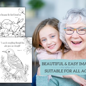 Puede incluir: P&aacute;ginas para colorear en blanco y negro con dise&ntilde;os florales y de aves, con citas inspiradoras. La imagen incluye el texto "We love because he first loved us" y "I can do everything through Him who gives me strength". Tambi&eacute;n es visible el texto "BEAUTIFUL & EASY IMAGES SUITABLE FOR ALL AGES".