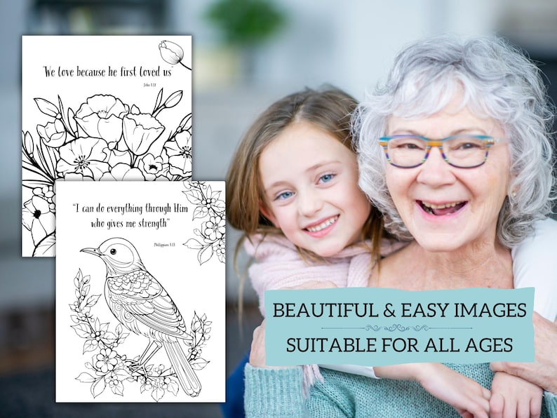 Puede incluir: P&aacute;ginas para colorear en blanco y negro con dise&ntilde;os florales y de aves, con citas inspiradoras. La imagen incluye el texto "We love because he first loved us" y "I can do everything through Him who gives me strength". Tambi&eacute;n es visible el texto "BEAUTIFUL & EASY IMAGES SUITABLE FOR ALL AGES".