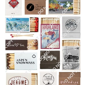 May include: A collection of matchboxes featuring various Aspen, Colorado businesses and landmarks. The matchboxes are arranged in a grid pattern and feature a variety of designs, including a ski resort, a tavern, a bakery, and a hotel. The matchboxes are all made of cardboard and have a white background with black lettering.