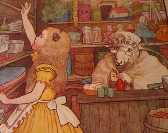 Alice in Wonderland Shopping with Miss Sheep  Through the Looking Glass Lewis Carroll - M.L.Kirk - 1905 book plate color lithograph framable