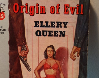 Ellery Queen Origin of Evil - Retro Pulp Fiction - 1951 Mid Century Murder Mystery - gift for hipsters  Pocket Books