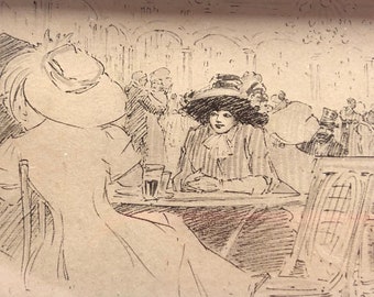 Hornby Paris In Montmartre Cafe Society | Framed Original Published Lithograph 1910 | Tiny Print | Beautiful drawing