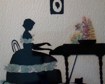 Young Lady at a Piano Hoop Skirt Silhouette collage from paper and dried flower accents Scherenschnitte