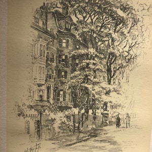 May include: A detailed pencil sketch of a street scene featuring several multi-story buildings with ornate architectural details. A large tree dominates the right side, with figures walking on the sidewalk. The artist's signature is in the lower left corner.