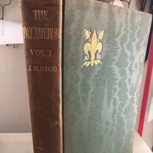 Op de afbeelding: Een bruin lederen gebonden boek met de titel "The Decameron" en de tekst "Vol. I" en "J.M. Rigg" op de rug. De omslag is groen met een gouden fleur-de-lis-ontwerp.