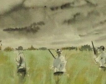 Eendenjagers in het veld | Ingelijste ondertekende originele aquarel | Verse kunst uit het midden van de eeuw