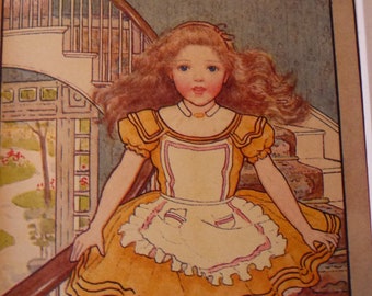 Alice in Wonderland on the Stairs Through the Looking Glass Lewis Carroll - M.L.Kirk - 1905 color book plate color lithograph framable