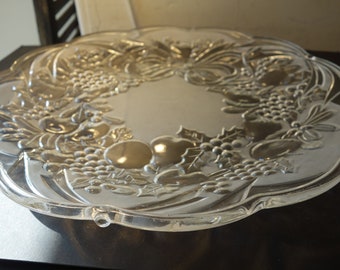 Holiday Glass Platter Embossed bow and fruit decoration on rim Scalloped Edge Round Server MINT Condition party platter 14 inch Made in Bali