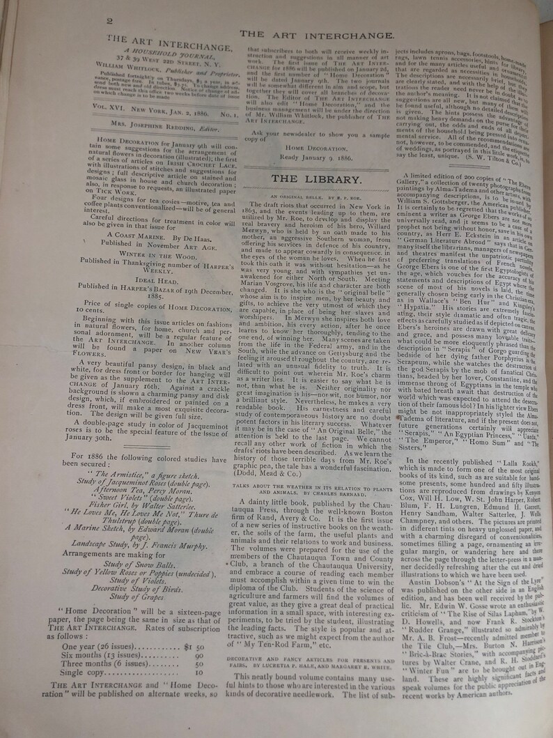 The Art Interchange Victorian-era Household Magazine 1886 Illustrated ...