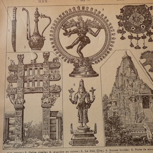 Hindu Art Lithograph - 1920s from French dictionary - original page- Petit Larrousse for framing traveler believer nepal india