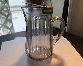 Syrup Pitcher with silver plate Flip Top Lid Vintage Glass 5.5 inch tall 1930 charm Decor gift for the home table top