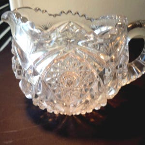 Crystal Glass Creamer Pitcher Sunflower or Starburst pattern 3 inch tall Mint 1930s charm decor for the home table top  Brilliantware