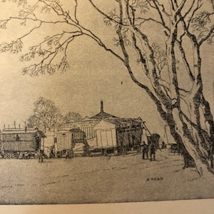 E Hesketh Hubbard The Fair Ground etching. Finely produced reprint published by Morland Press 1924. Unmounted Vintage Wall Art