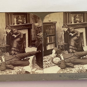 19th C Stereoview Karte | Nicht mehr zertreten ! | Frau in viktorianischer Stube | Stereopticon aus dem Underwood-Verlag | Strohmeyer