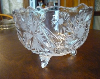 Crystal Footed Bowl Sunburst motif Mint Condition Mid Century Modern table top decor gift for home  5 by 4 inch housewarming wedding