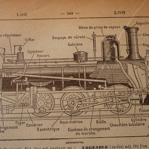 French Lithograph - Locomotive - 1920s engraving - original - Petit Larousse