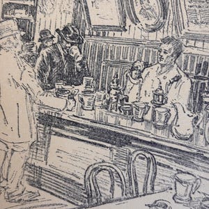 May include: A black and white illustration of a bar scene with people sitting at the counter and a few chairs in the foreground. The bar has a wooden counter and a backsplash with framed pictures.