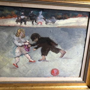 May include: Oil painting depicting children playing in a winter scene. A child in a white dress holds grapes, while another in a dark coat reaches for a red ball. Other figures are in the background. The painting is in a gold frame.