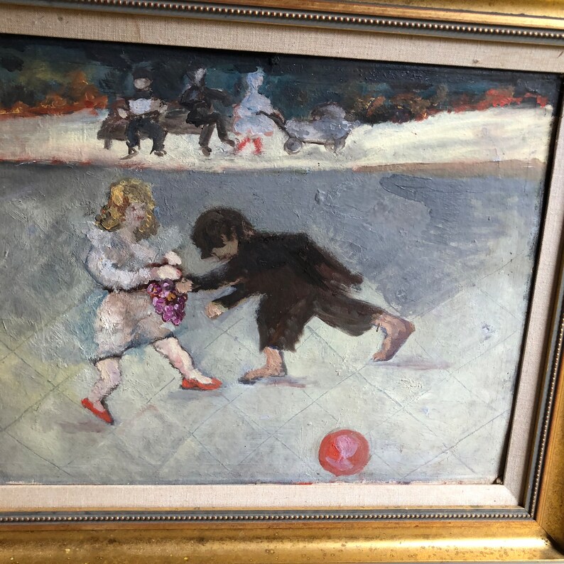 May include: Oil painting depicting children playing in a winter scene. A child in a white dress holds grapes, while another in a dark coat reaches for a red ball. Other figures are in the background. The painting is in a gold frame.