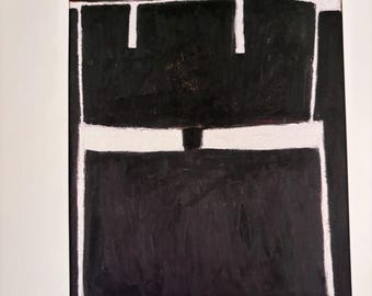 May include: Abstract black and white painting with a geometric design. The artwork features a large black central shape with white lines and rectangular forms. The composition is bold and minimalist, with a focus on contrasting shapes and colors.