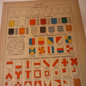Coat of Arms - 1920s original published color lithograph - Blason French dictionary illustration - framable for art projects