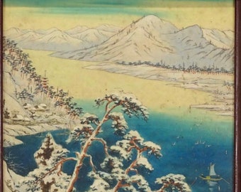 Winter Landscape Framed Painting on Silk Japanese Mountainside Scene Original MINT Beautiful Wall Art Ready to Hang