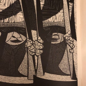 1961 Roderic Barrett Chairs and Man. Mid century Published litho Printed on high quality paper 12 by 9.5 inches woodcut Wall Art