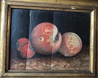 19thc Still Life of Fruit | Original Framed Antique Oil on Panel 14 x 12 inch | Peaches and Strawberries | Ready to Hang