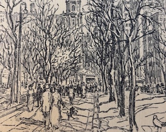 Boston Common por Lester Hornby / Litografía original enmarcada publicada en 1914