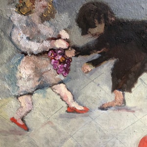 May include: An oil painting depicts two figures, one in white with a bouquet of purple flowers, the other in black. The figures are on a tiled floor, with the one in white wearing red shoes.
