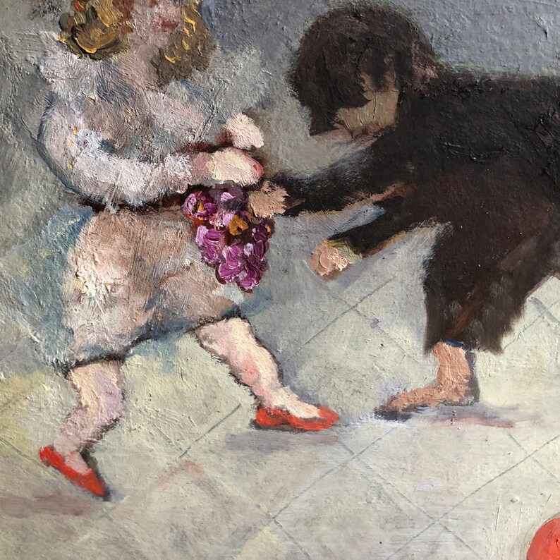 May include: An oil painting depicts two figures, one in white with a bouquet of purple flowers, the other in black. The figures are on a tiled floor, with the one in white wearing red shoes.