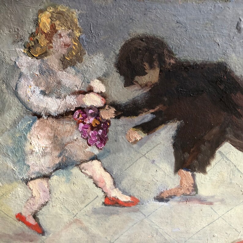 May include: An oil painting depicts two figures, one in white and the other in black, interacting with a bunch of purple grapes. The figure in white wears red shoes. The background is a light gray with a tiled floor.