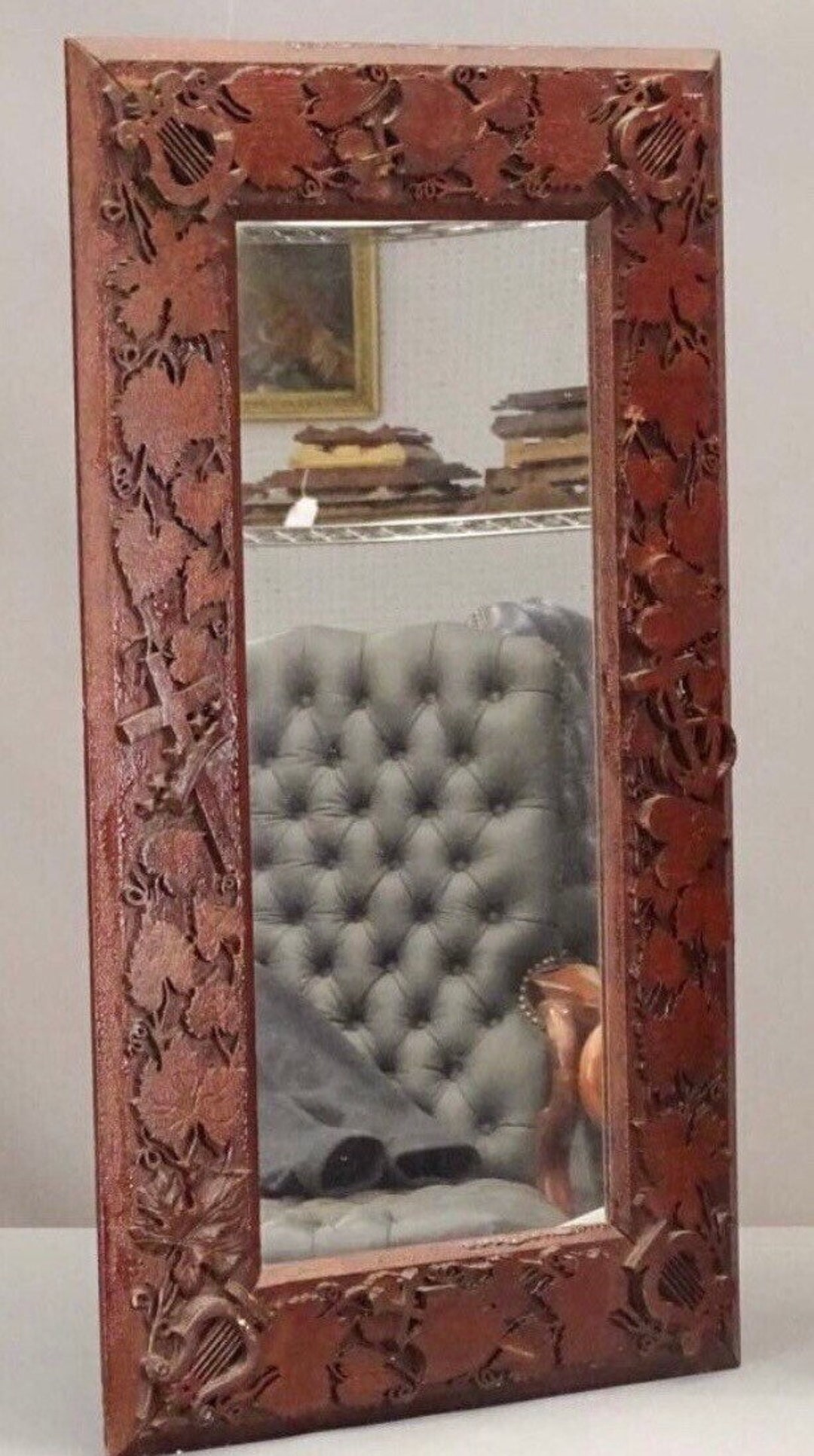 Folk Art Mirror Antique Wood Frame Embellished With Cut Outs Dark Oak