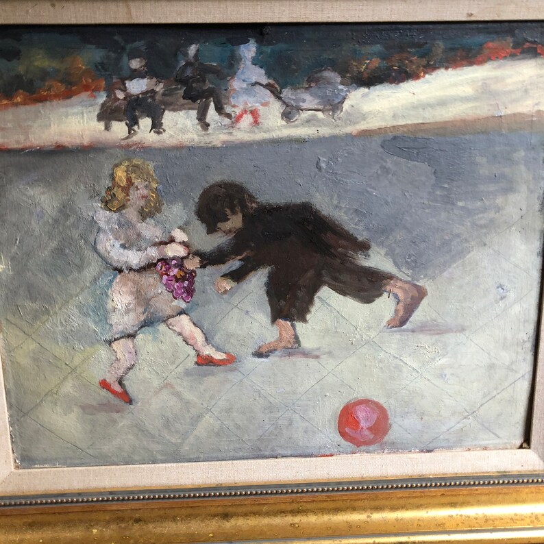 May include: An oil painting depicting children playing outdoors. A child in white holds grapes, while another in black reaches for them. A red ball rests on the ground. Other figures are in the background. The painting is framed in gold.