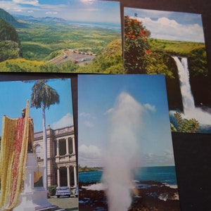 Havaí 4 cartões postais vintage da década de 1960 Kauai Oahu Hilo King Kamehameha estátua, gêiser, vistas da cachoeira Lembranças