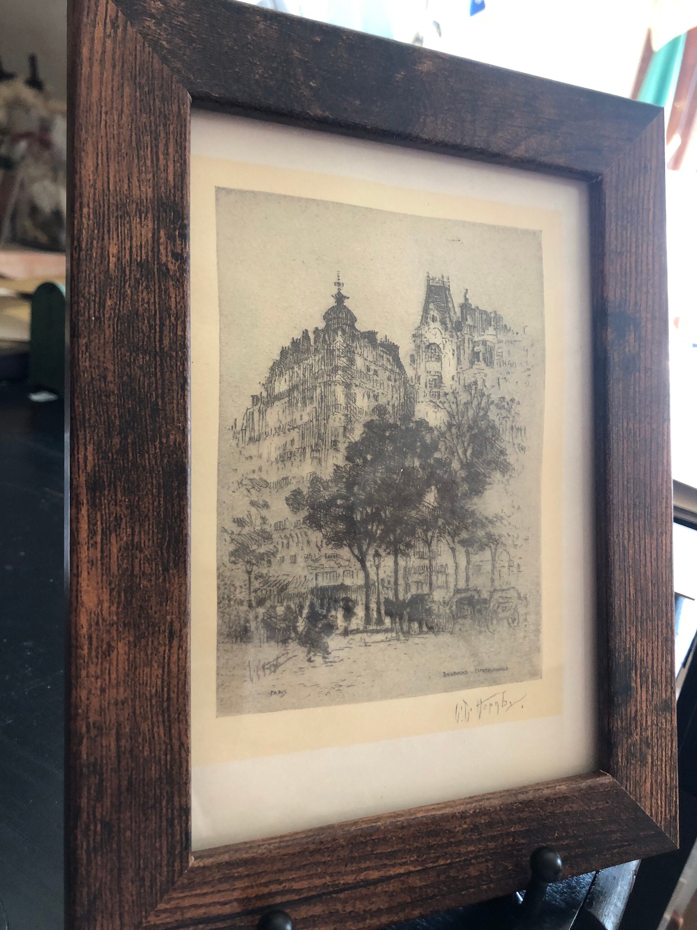 Paris On Boulevard Montparnasse by Lester G Hornby Framed Original Published Lithograph 1920s 8 by 6 inches Beautiful drawing