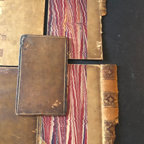 Book scrap pack / 4 pc. Antique book parts - leather covers, marbled endpapers, book spines Kit for Mixed Media Collage, Altered Art